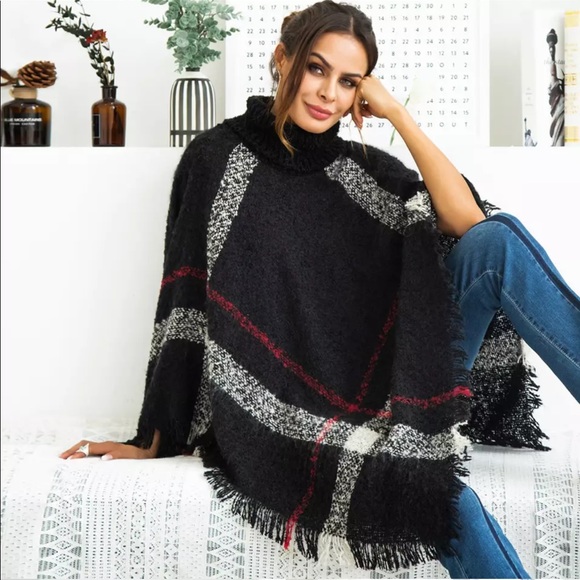 Tops - Black Plaid Turtleneck Poncho Cape